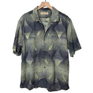 Tommy Bahama Silk Shirt  Green Gray Blue Short Sleeve Button Up Resortwear Beach